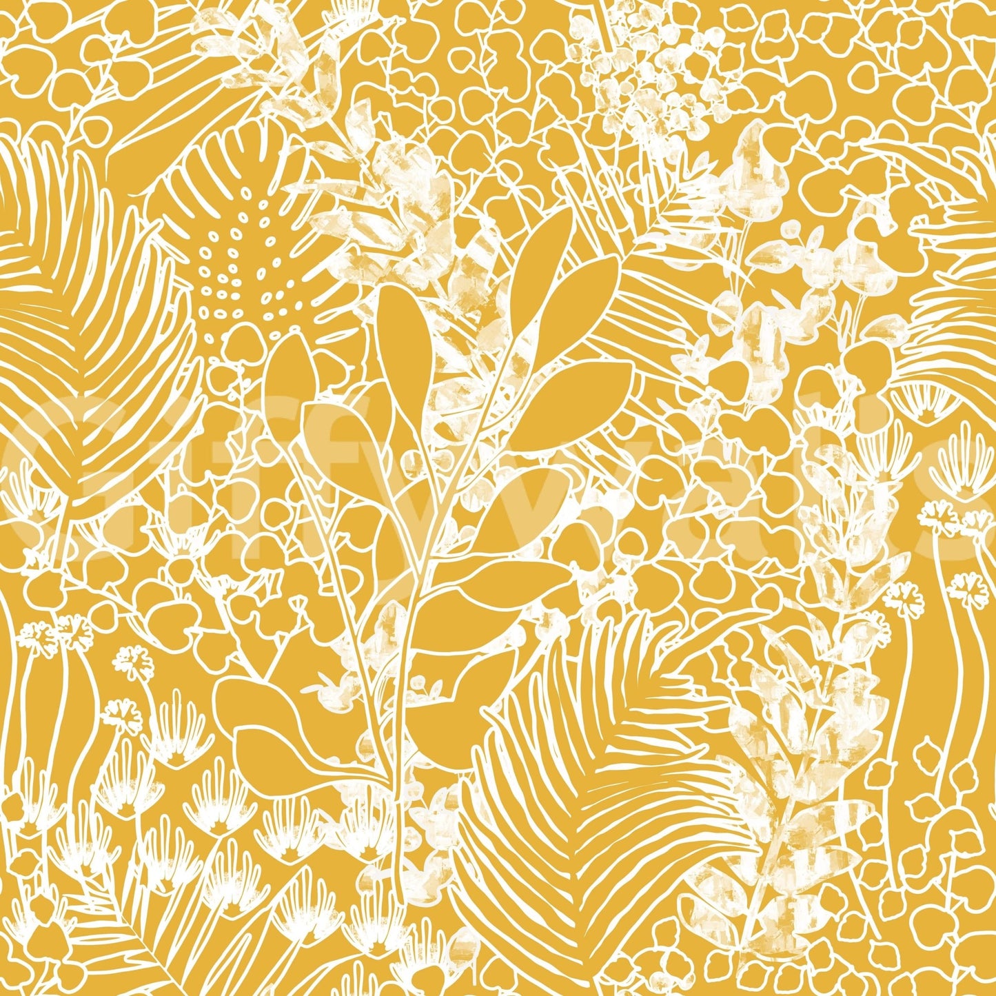 Golden Meadow Dream wallpaper close-up showing white palm fronds, leaves and tiny flowers on golden yellow