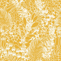 Golden Meadow Dream wallpaper close-up showing white palm fronds, leaves and tiny flowers on golden yellow