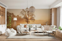 Majestic Golden Mist oak tree wallpaper, glowing morning light.