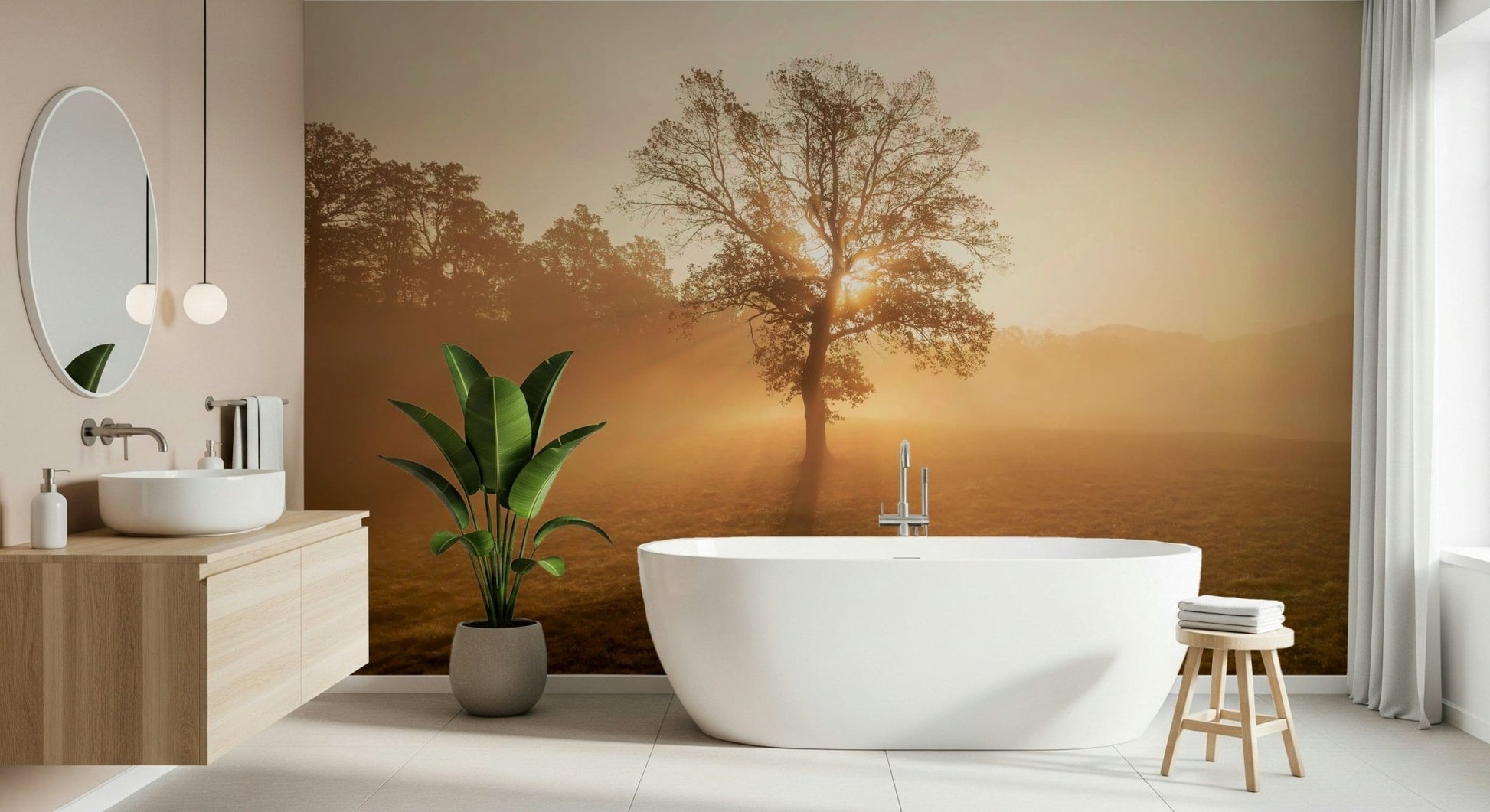 Vibrant Golden Mist field wall mural, warm ethereal glow.