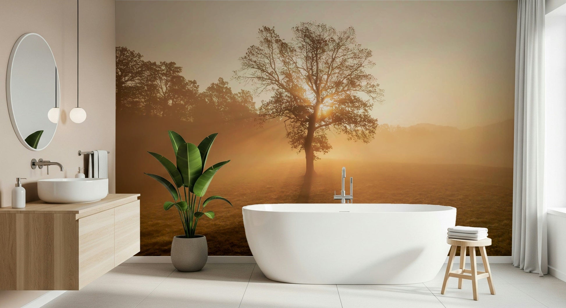 Vibrant Golden Mist field wall mural, warm ethereal glow.