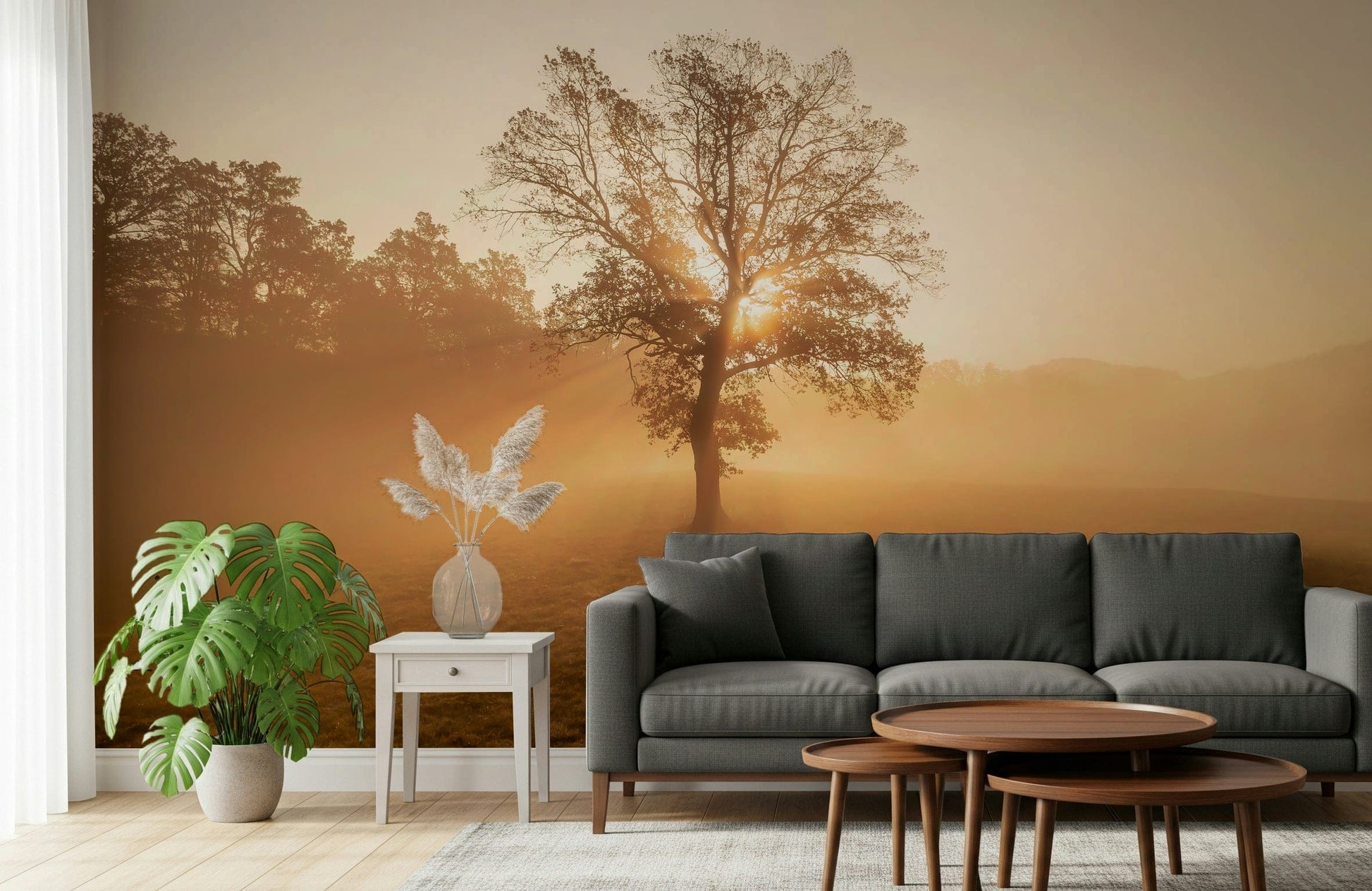Inspiring Golden Mist wall decor, foggy meadow atmosphere.
