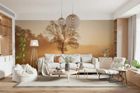 Majestic Golden Mist oak tree wallpaper, glowing morning light.