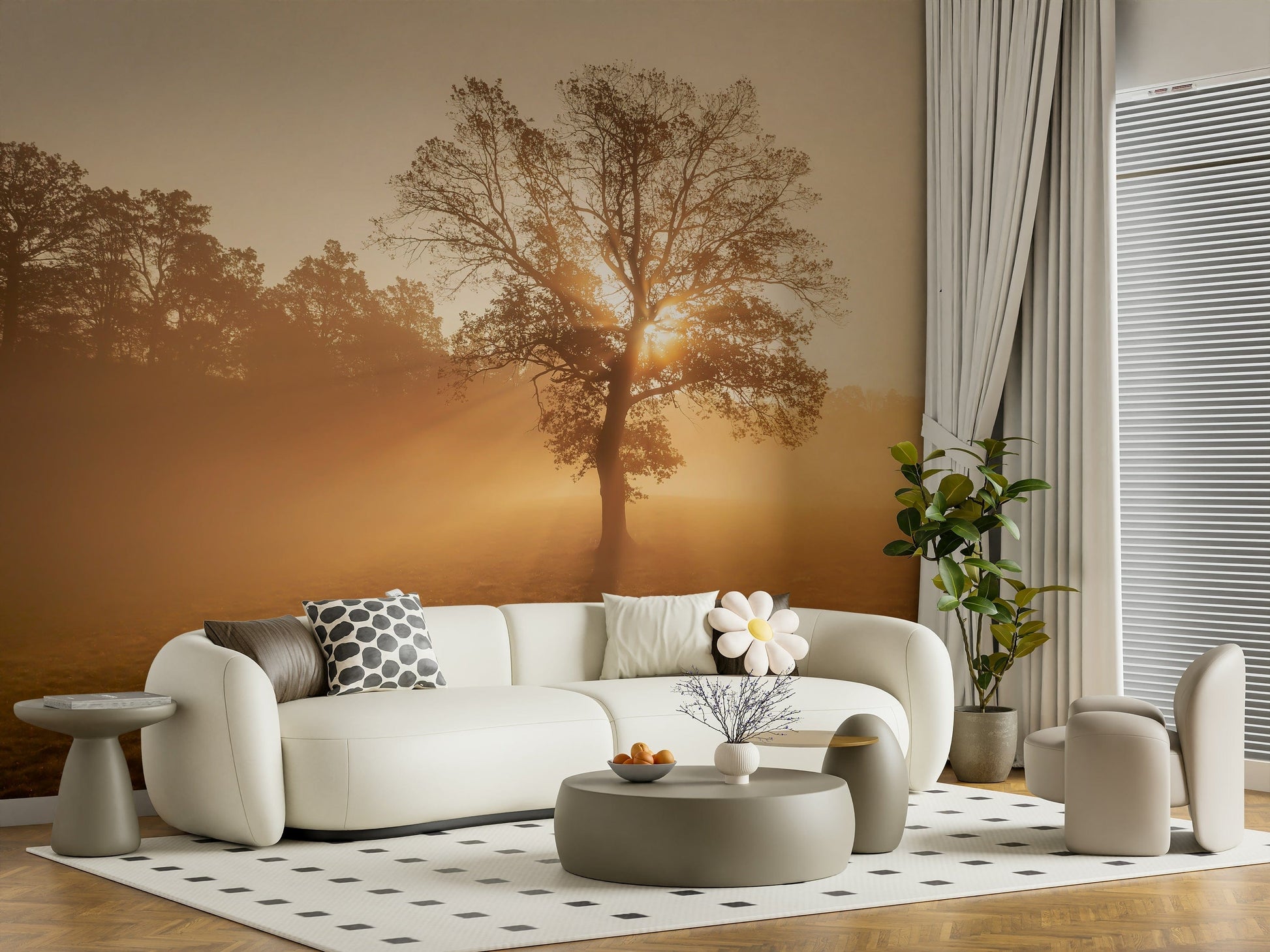 Ethereal Golden Mist wallpaper, field fog sunburst beams.