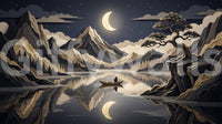 Calm night wall mural with layered peaks and golden moon
