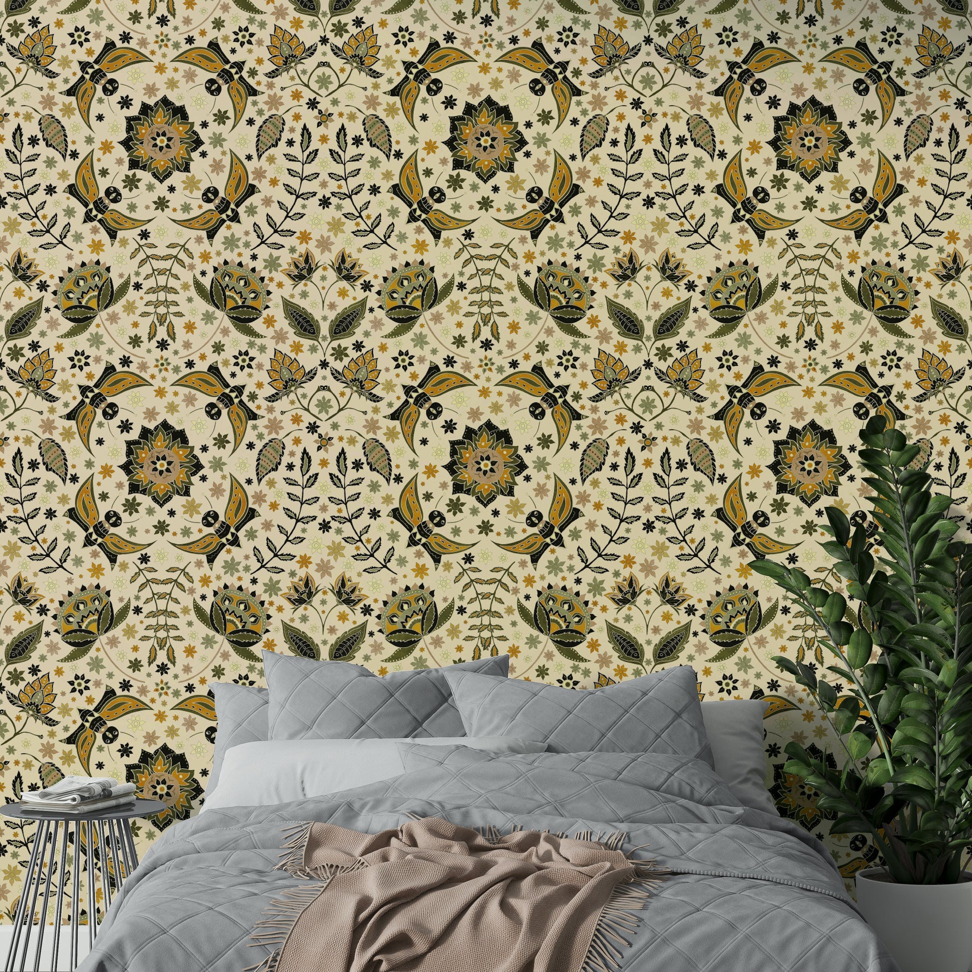 Vintage-inspired moth and flower mural wallpaper

