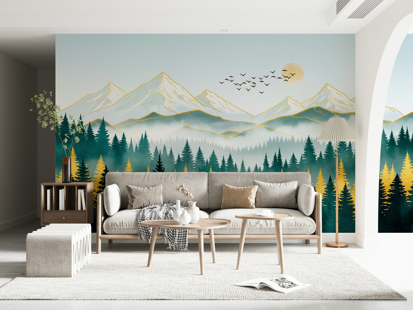 Soft ochre and gold mountain scenery wallpaper for coastal home styling.