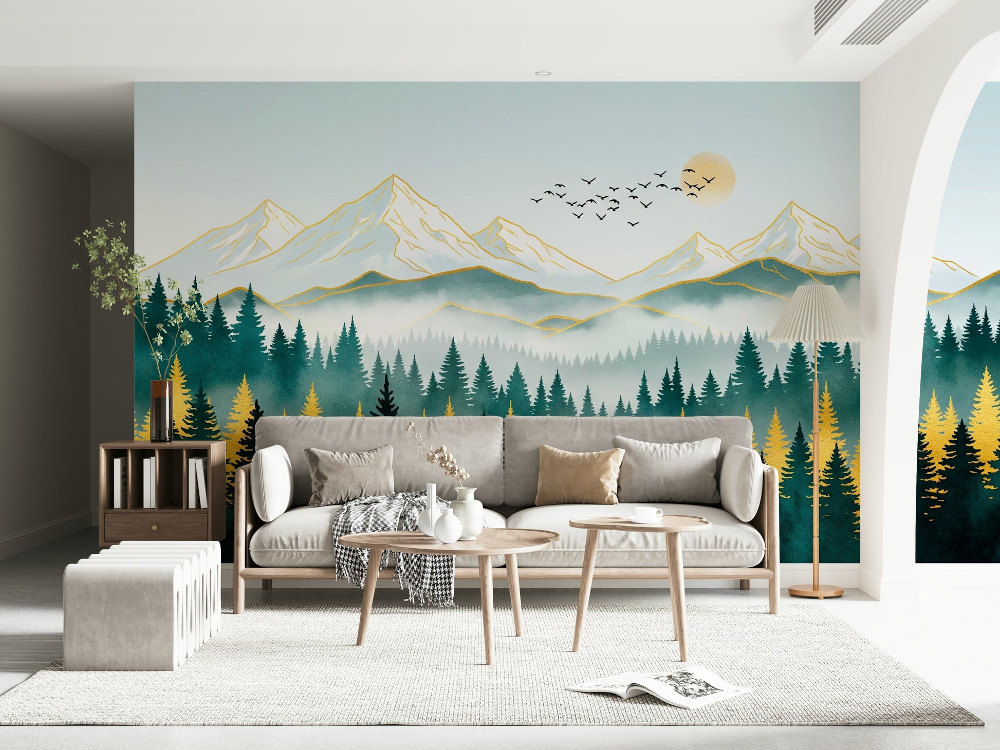 Soft ochre and gold mountain scenery wallpaper for coastal home styling.