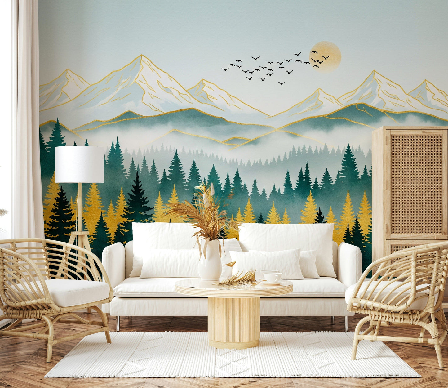 Contemporary mountain mural for a modern open-plan home.