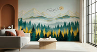 Modern home styling with a Golden Peaks Wall Mural in a sunlit office.