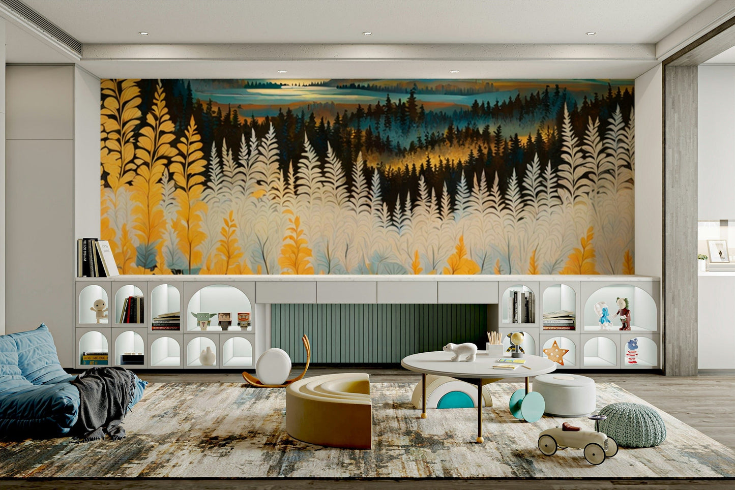 The design features gentle, sweeping mountain slopes.

