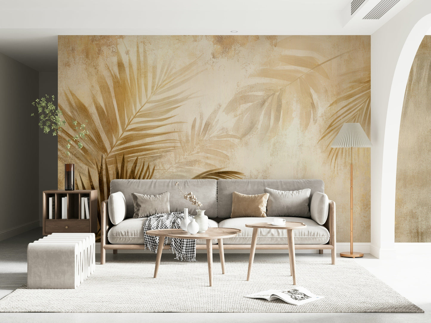 An elegant palm wallpaper blending gold leaf textures and softened tropical foliage.