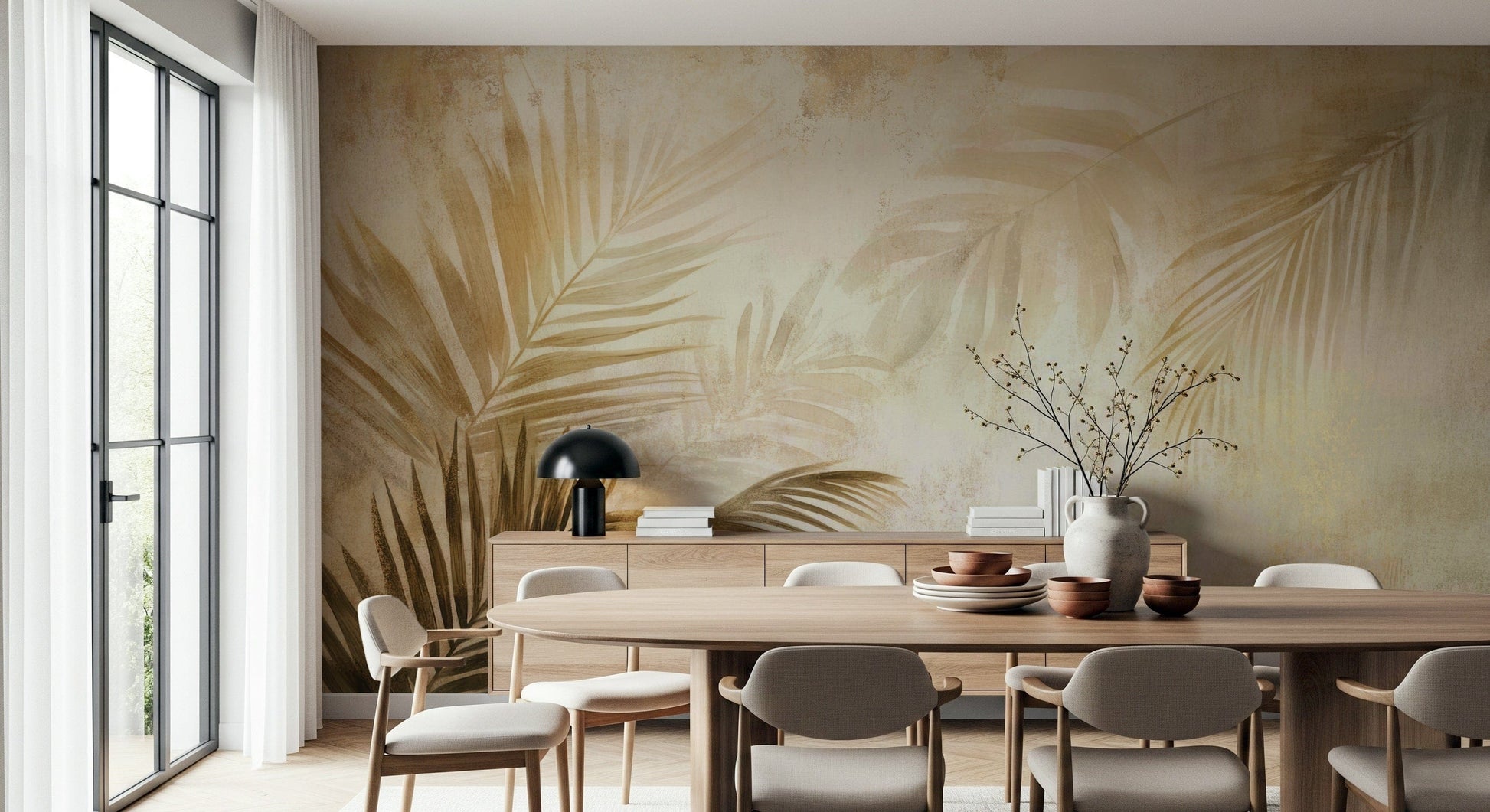 A warm-toned wallpaper with layered palm leaves painted in subtle golden gradients.