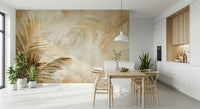 A hand-painted style wallpaper with sweeping golden palm foliage on a warm neutral canvas.