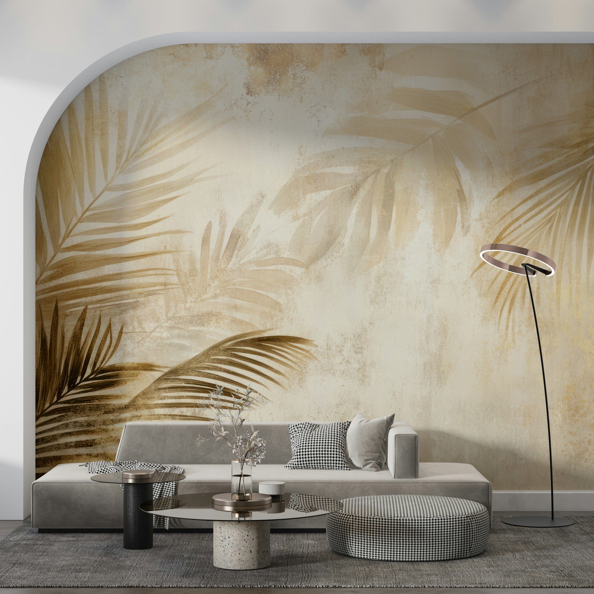 A tropical wallpaper showcasing elegant gold-toned palm leaves for a rich, serene ambiance.