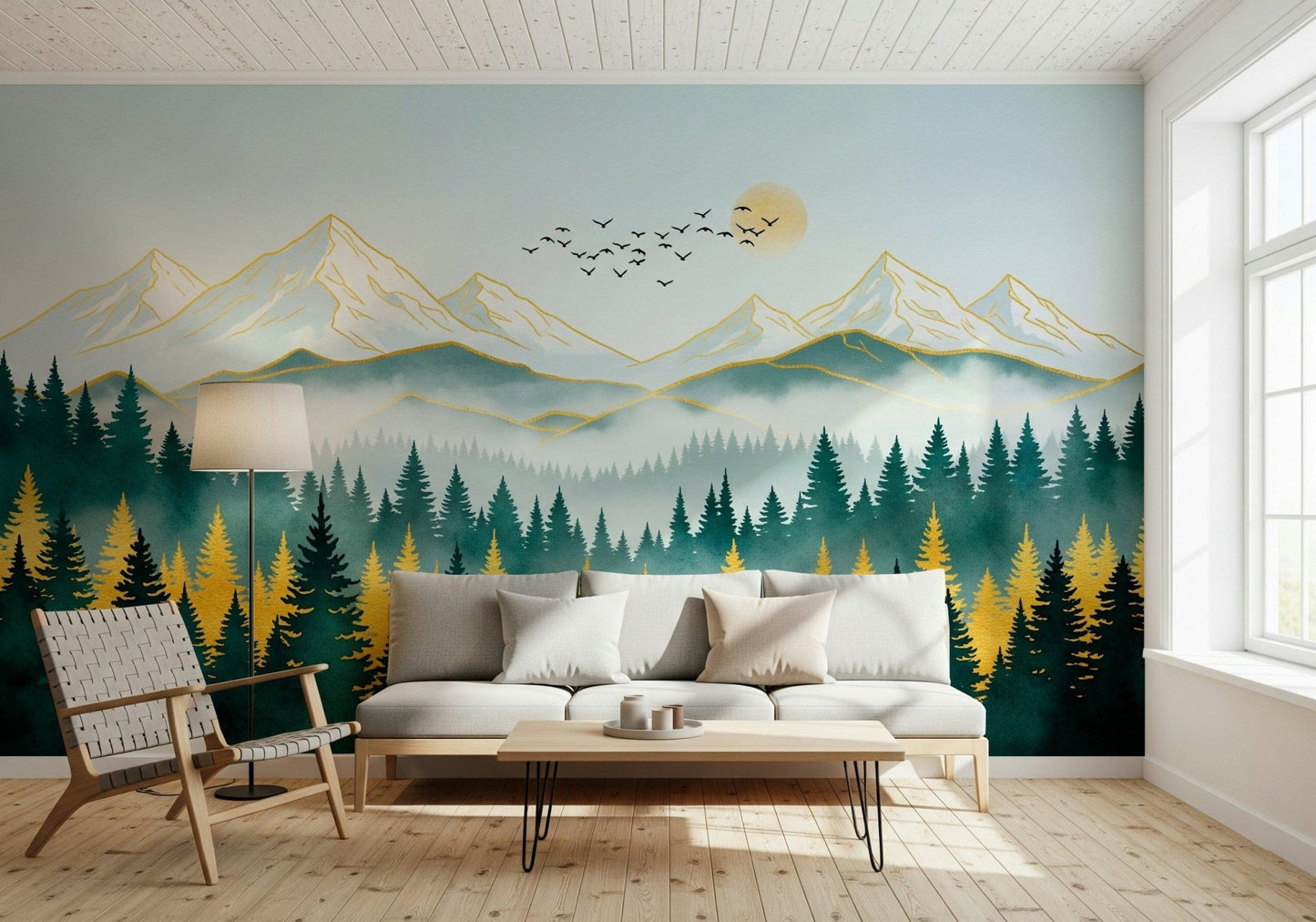 Muted blue and gold scenery for a calm and cool bedroom feature wall.