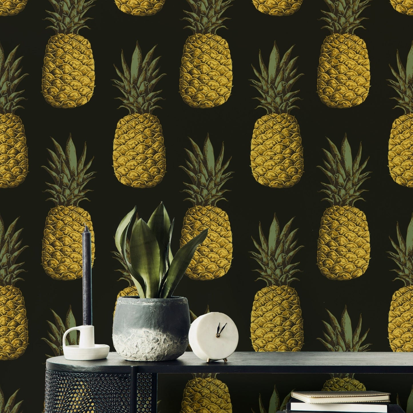 Pineapple pattern wallpaper in gold and tropical colors

