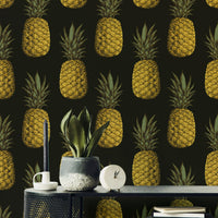 Pineapple pattern wallpaper in gold and tropical colors


