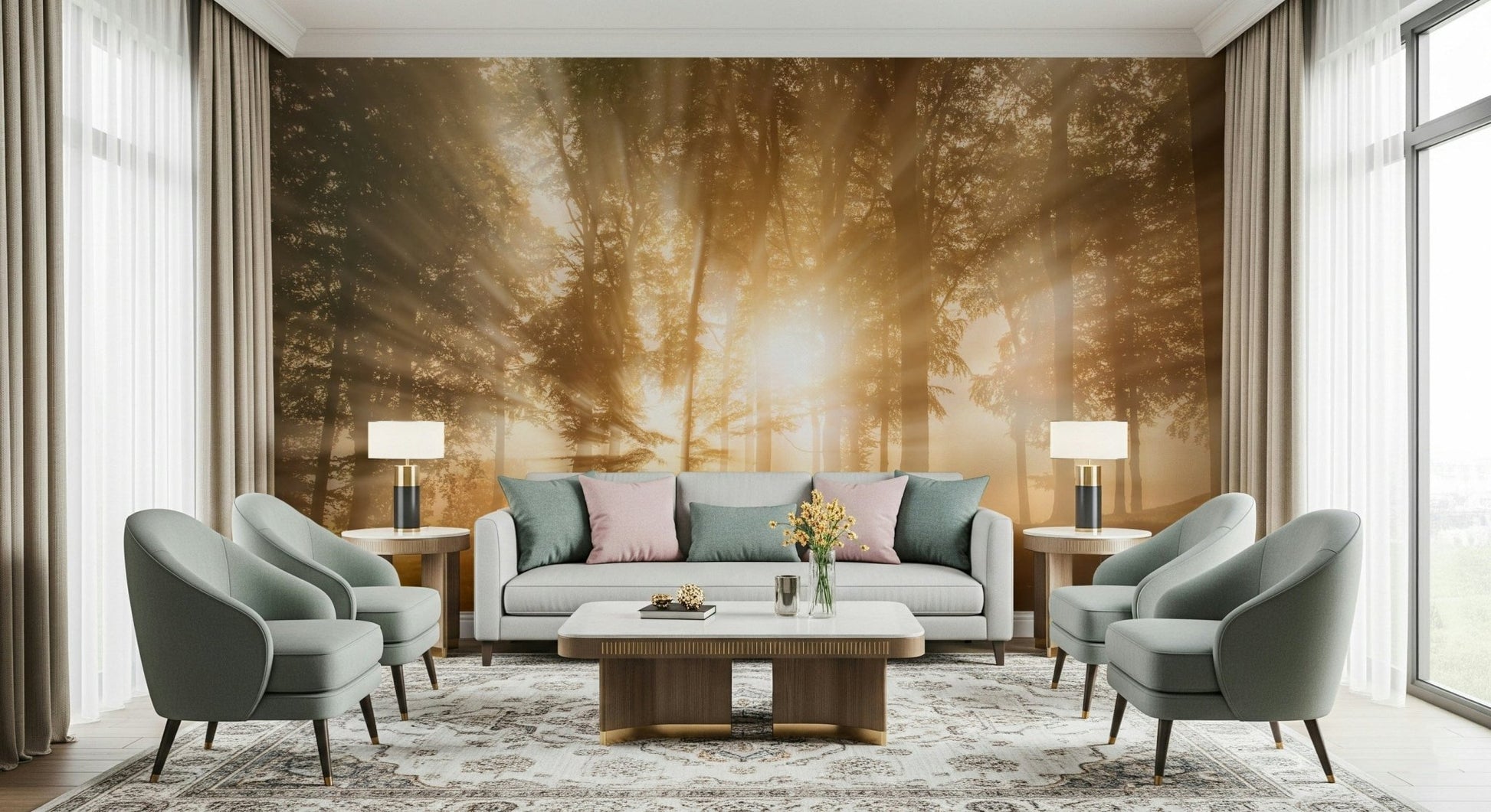 Brilliant sunshine deep woods Golden Rays Through Trees backdrop.