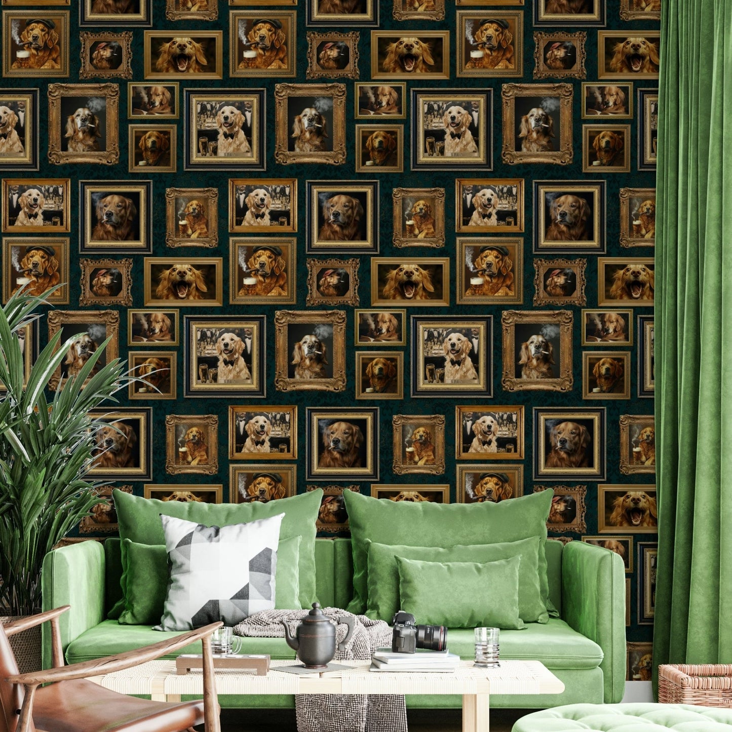 Wall mural showing a collection of artistic golden retriever portraits.

