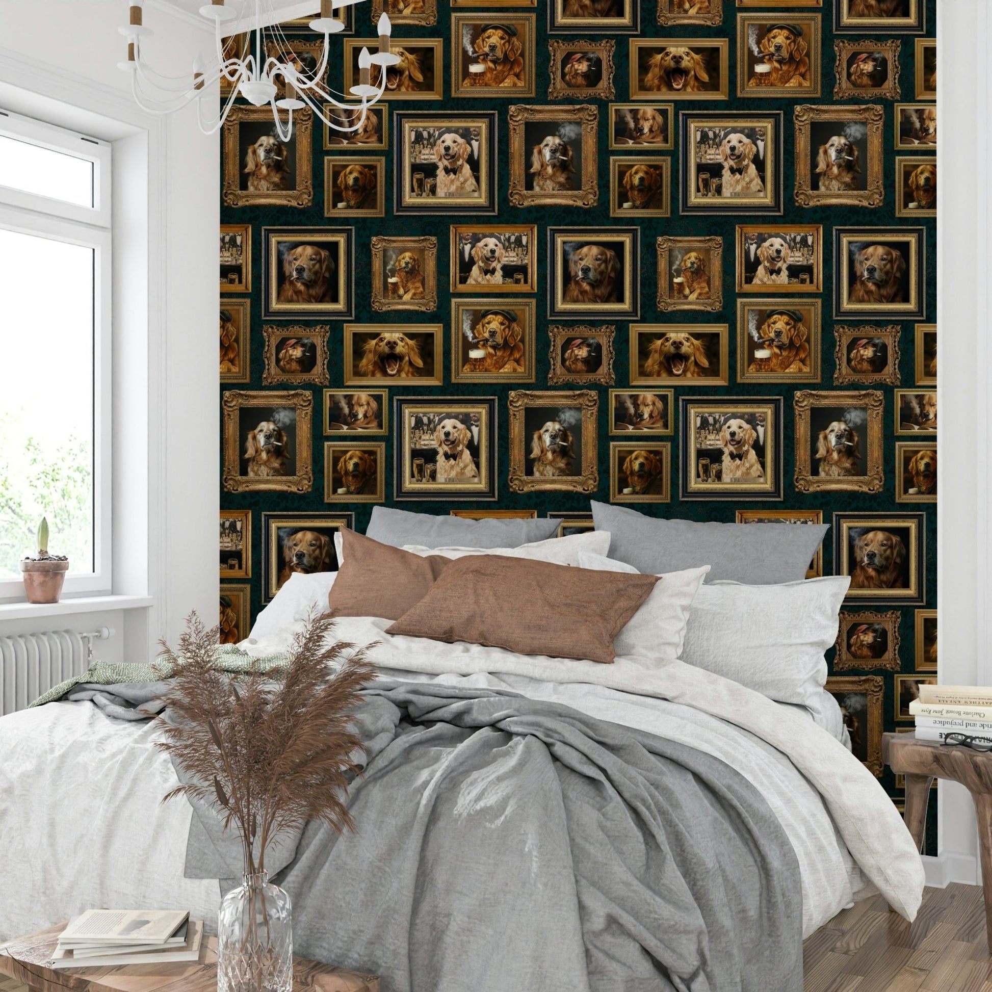 Humorous design with dogs posing with props.

