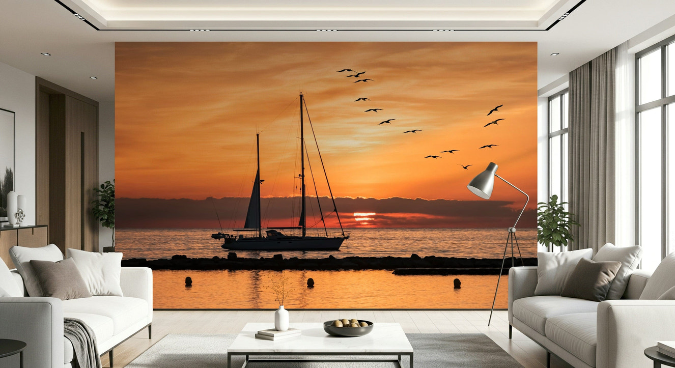 Horizon Golden Horizon wall decoration peaceful scene boat flying wildlife.