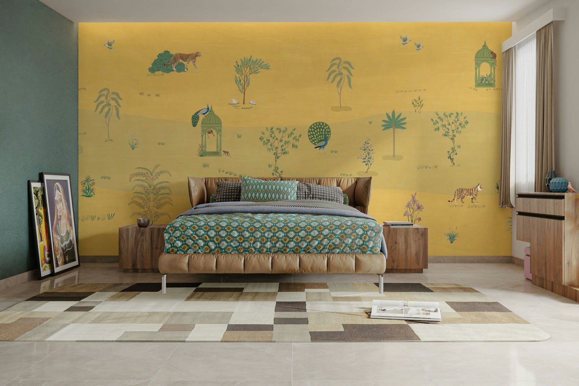 Acacia trees are silhouetted against the horizon.

