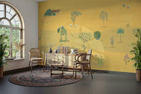 The sky and grasses are bathed in a warm, golden light.

