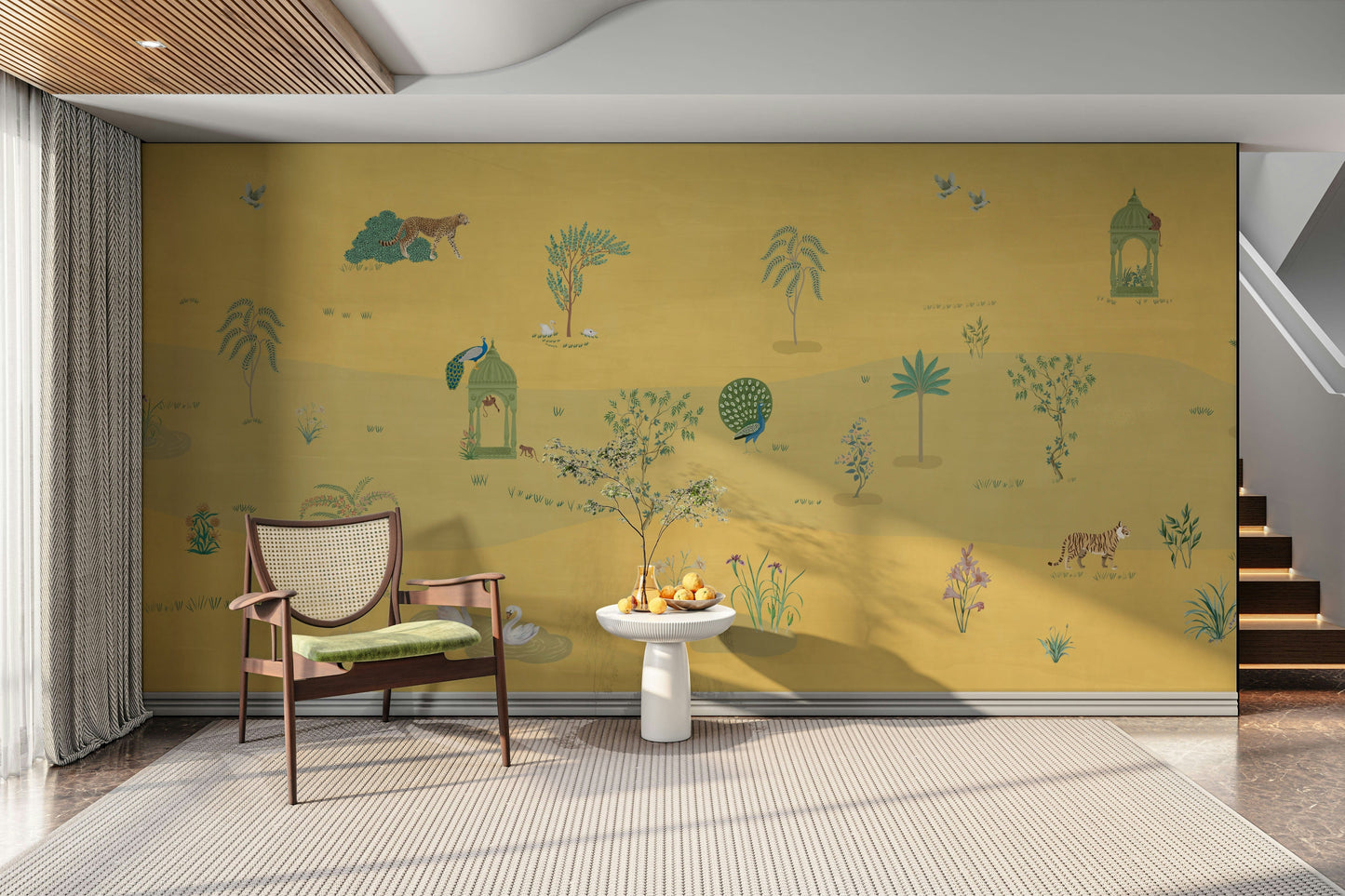A peaceful wall mural with a wide, golden savannah landscape.

