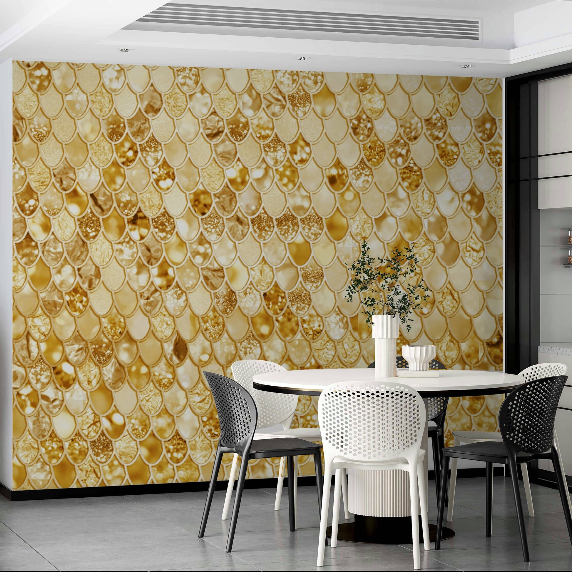 Wall mural with a gilded scales pattern.

