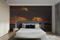 The wallpaper is used as a feature wall in a bedroom.

