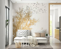 Features an expansive sky dominated by golden, warm tones.
