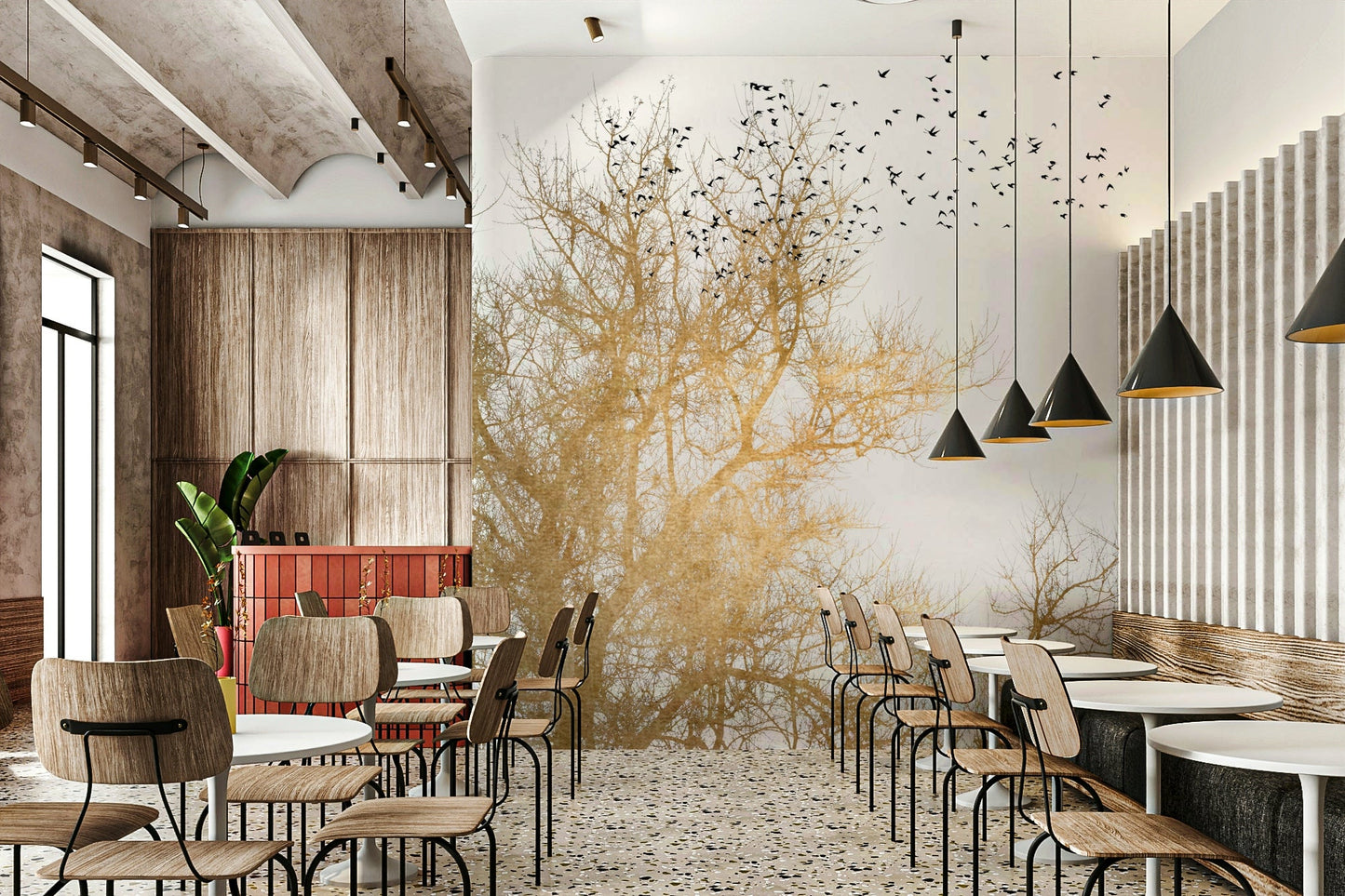 The colors suggest sunrise or sunset, with hues of yellow, orange, and soft red.
