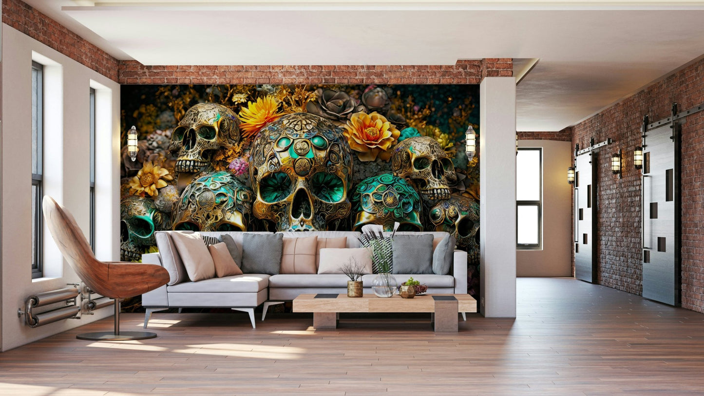 Bold, artistic mural blending skull imagery and floral beauty

