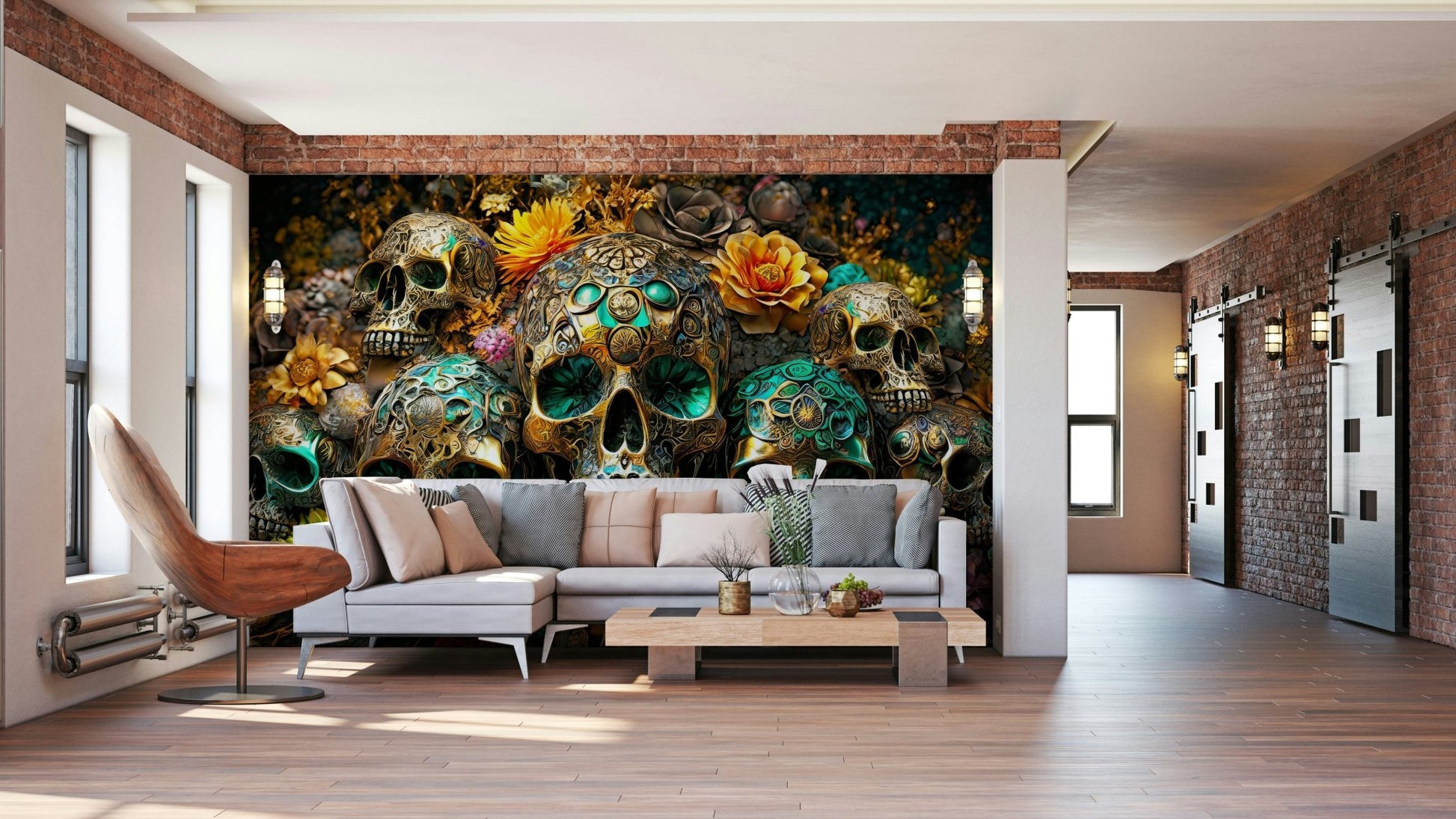 Bold, artistic mural blending skull imagery and floral beauty

