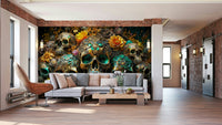 Bold, artistic mural blending skull imagery and floral beauty

