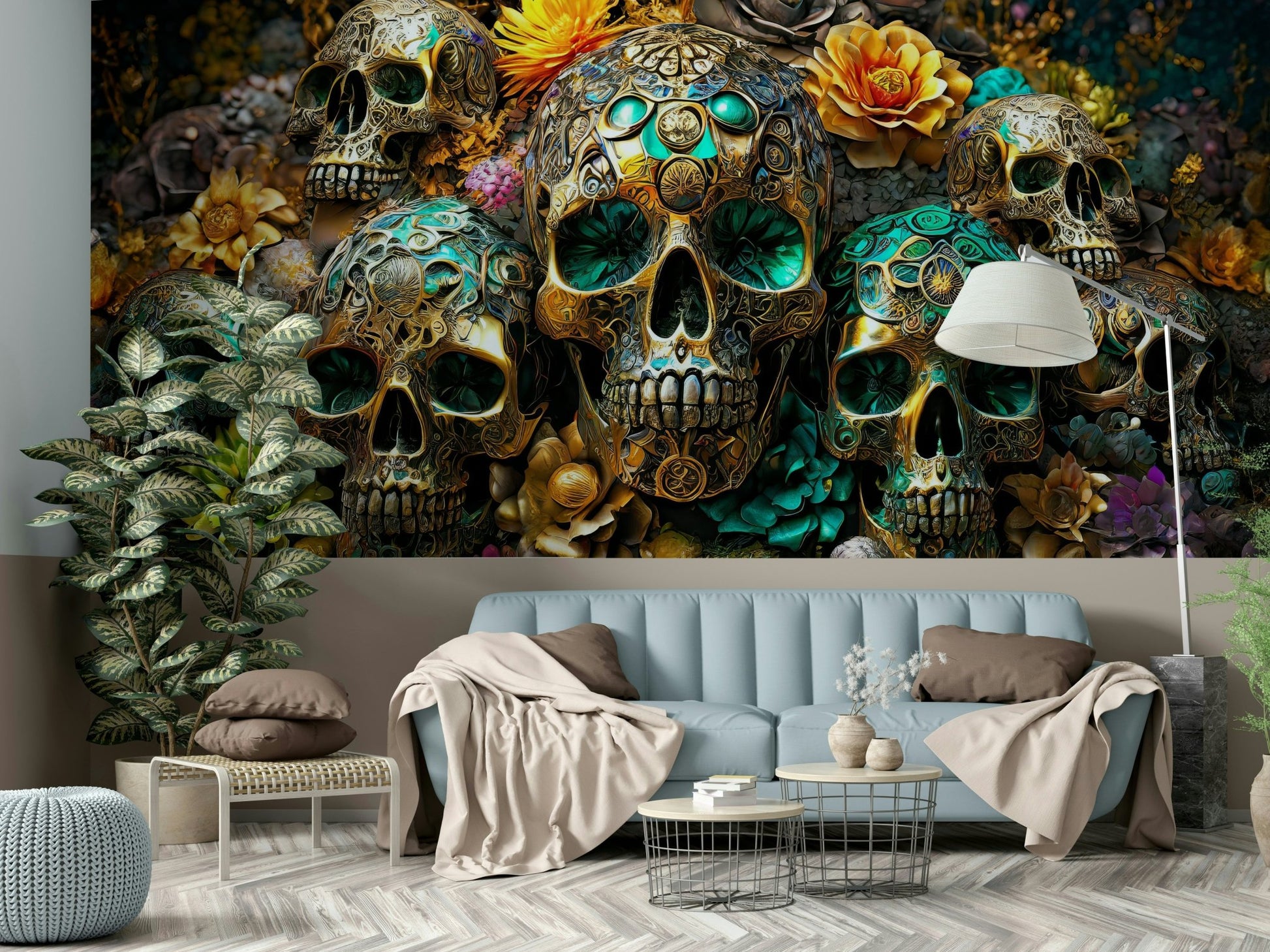 Edgy golden skulls intertwined with vibrant floral designs

