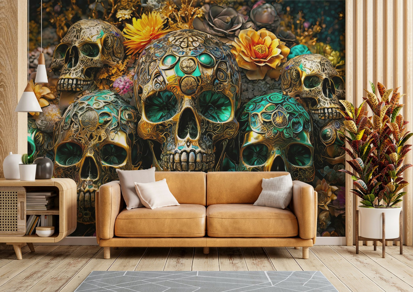 Golden Skulls & Floral Rhapsody Wall Mural with bold skulls and florals

