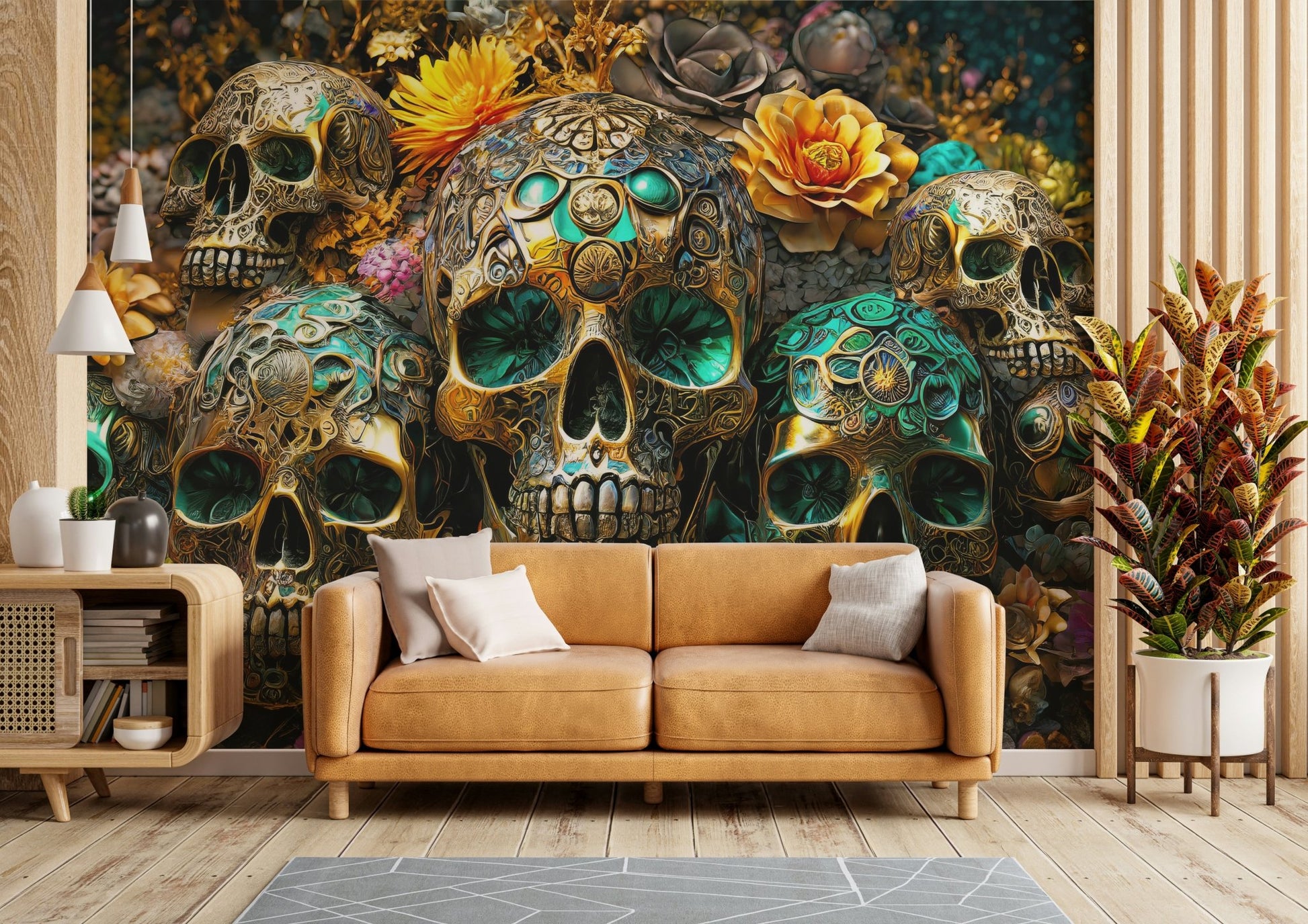 Golden Skulls & Floral Rhapsody Wall Mural with bold skulls and florals

