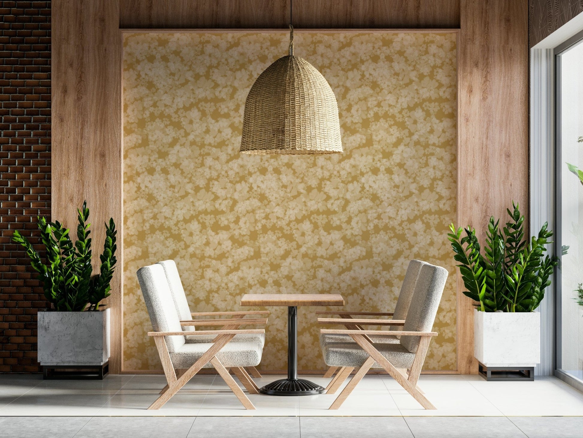 Deep marigold floral wall mural, Golden Soft Blossom, sophisticated interior accent.