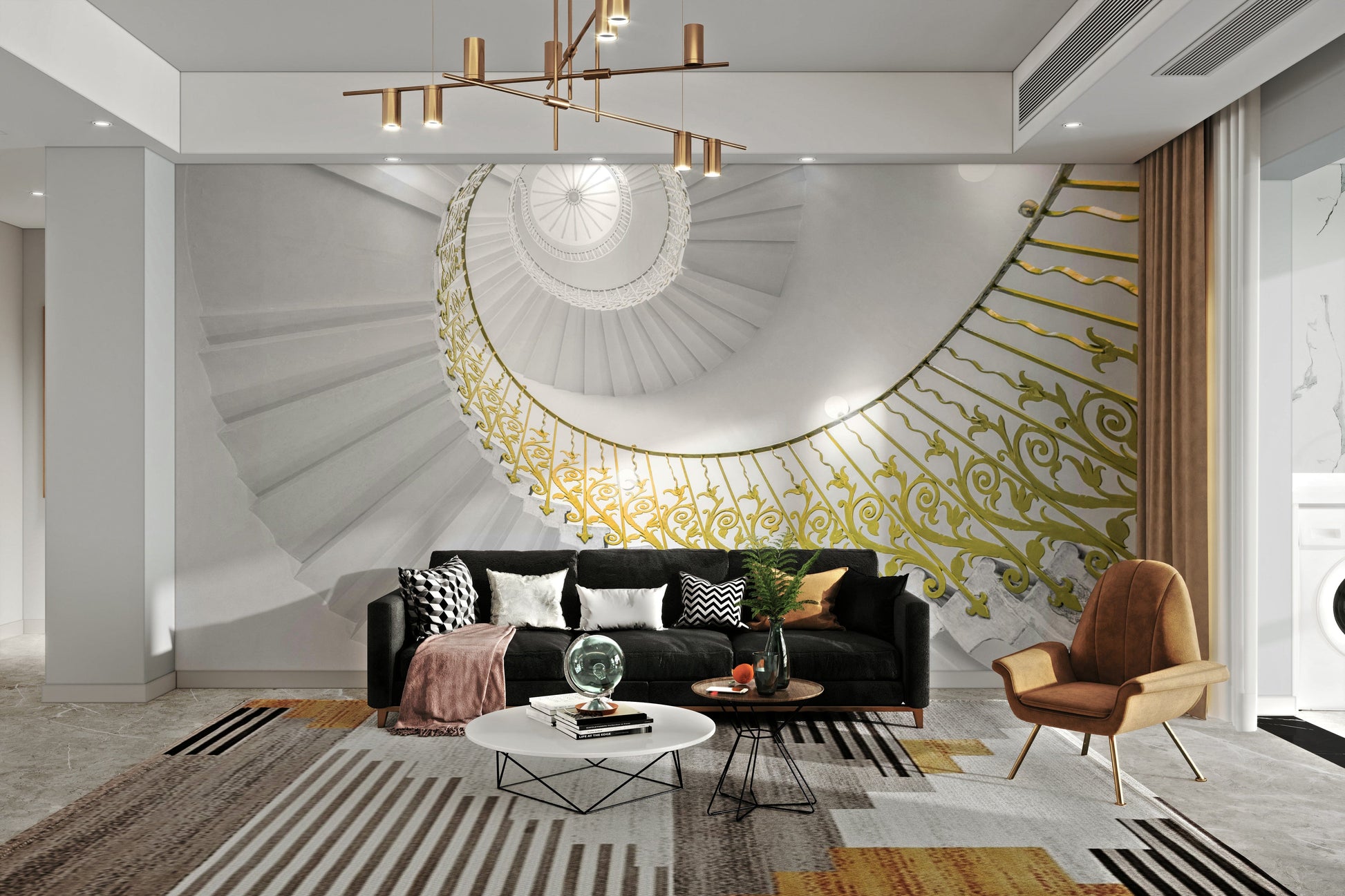 The peel and stick wallpaper showing realistic architectural textures.

