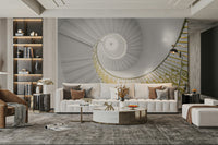 The wallpaper is used as a feature wall in a bedroom.

