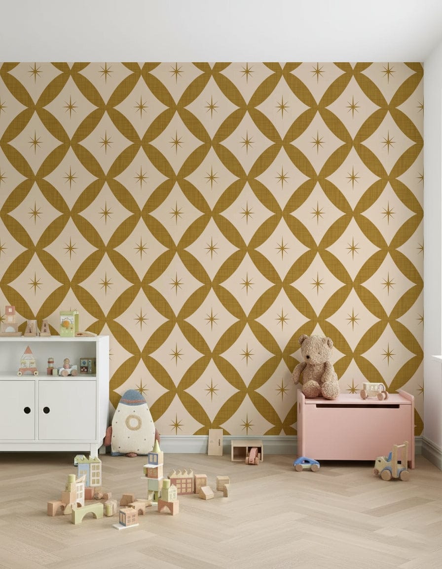 Classic mid-century lattice wallpaper featuring golden geometric shapes and tiny stars.