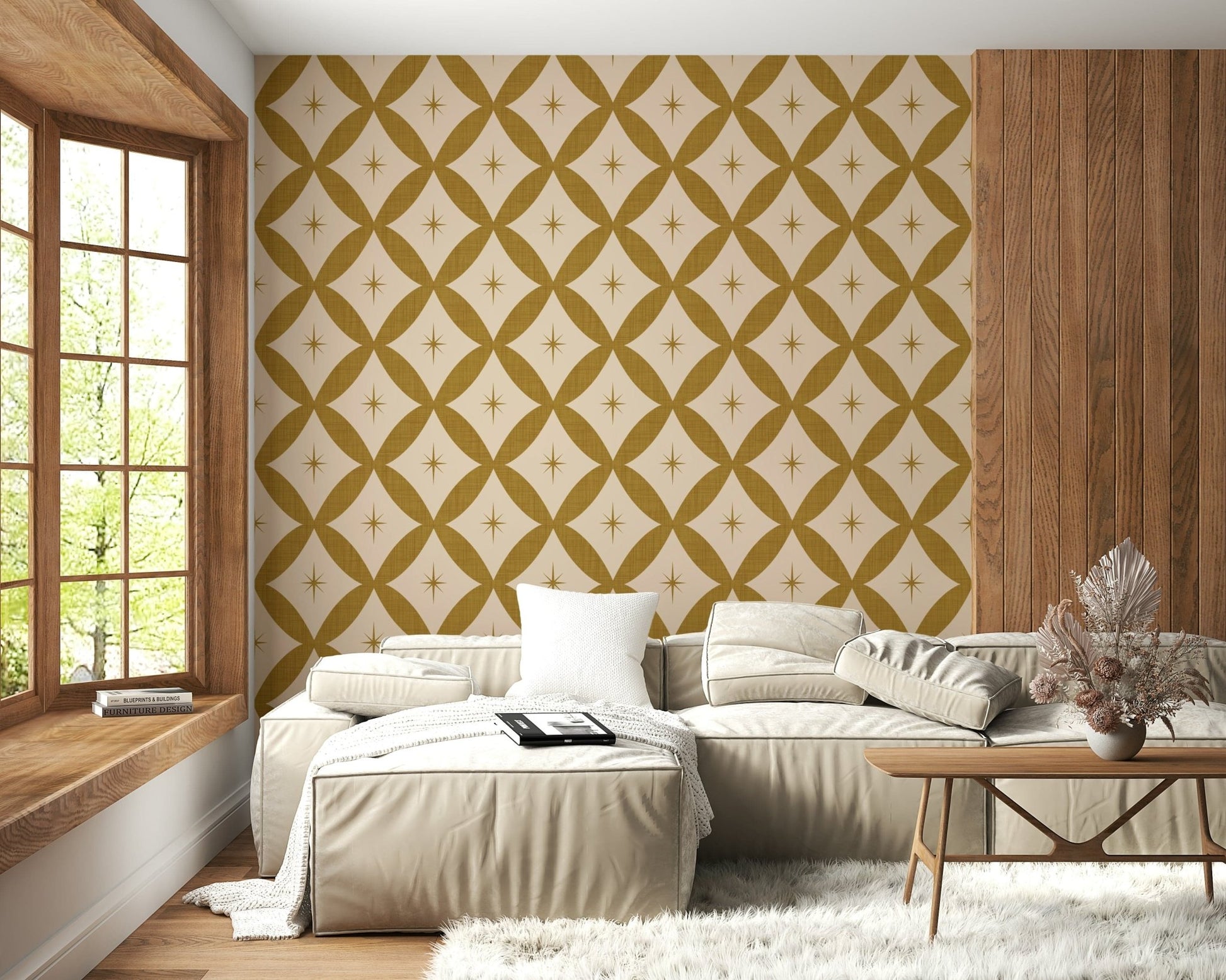 Vintage geometric wallpaper showcasing mustard lattice patterns paired with subtle starbursts.