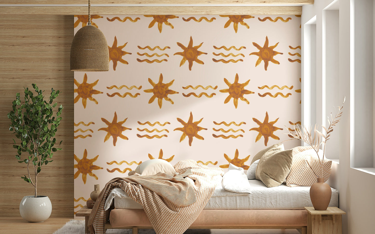 Golden waves and sun wallpaper featuring radiant, flowing abstract lines.