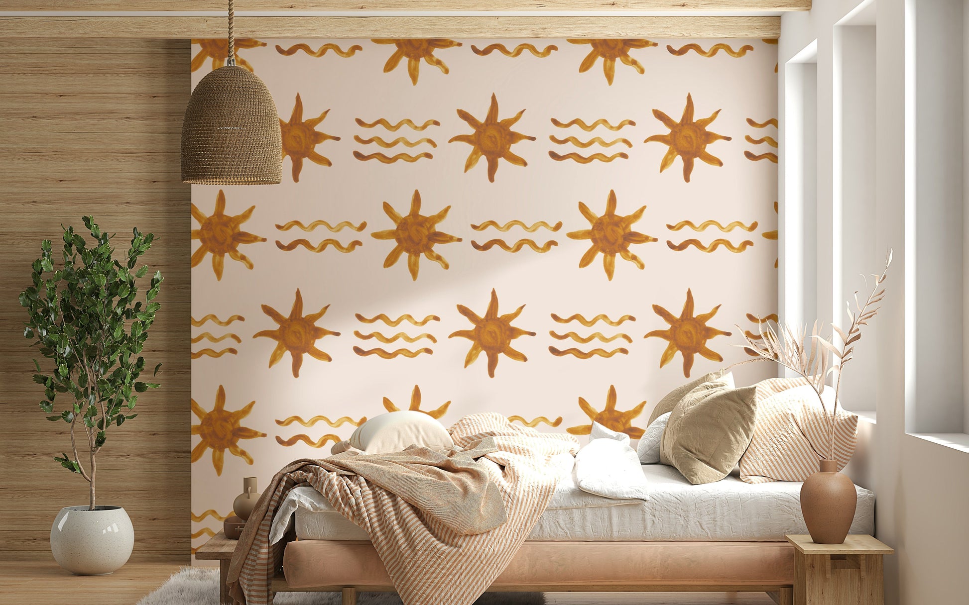 Golden waves and sun wallpaper featuring radiant, flowing abstract lines.