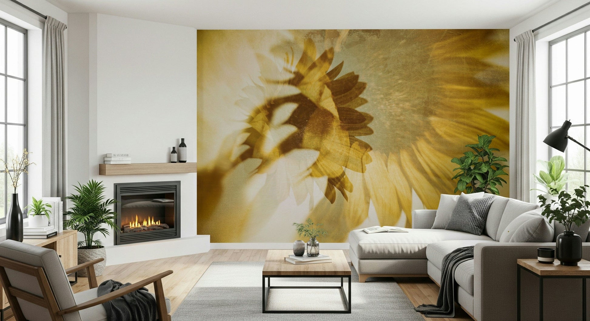 A graceful subtle flower wall mural in bright, natural tones.

