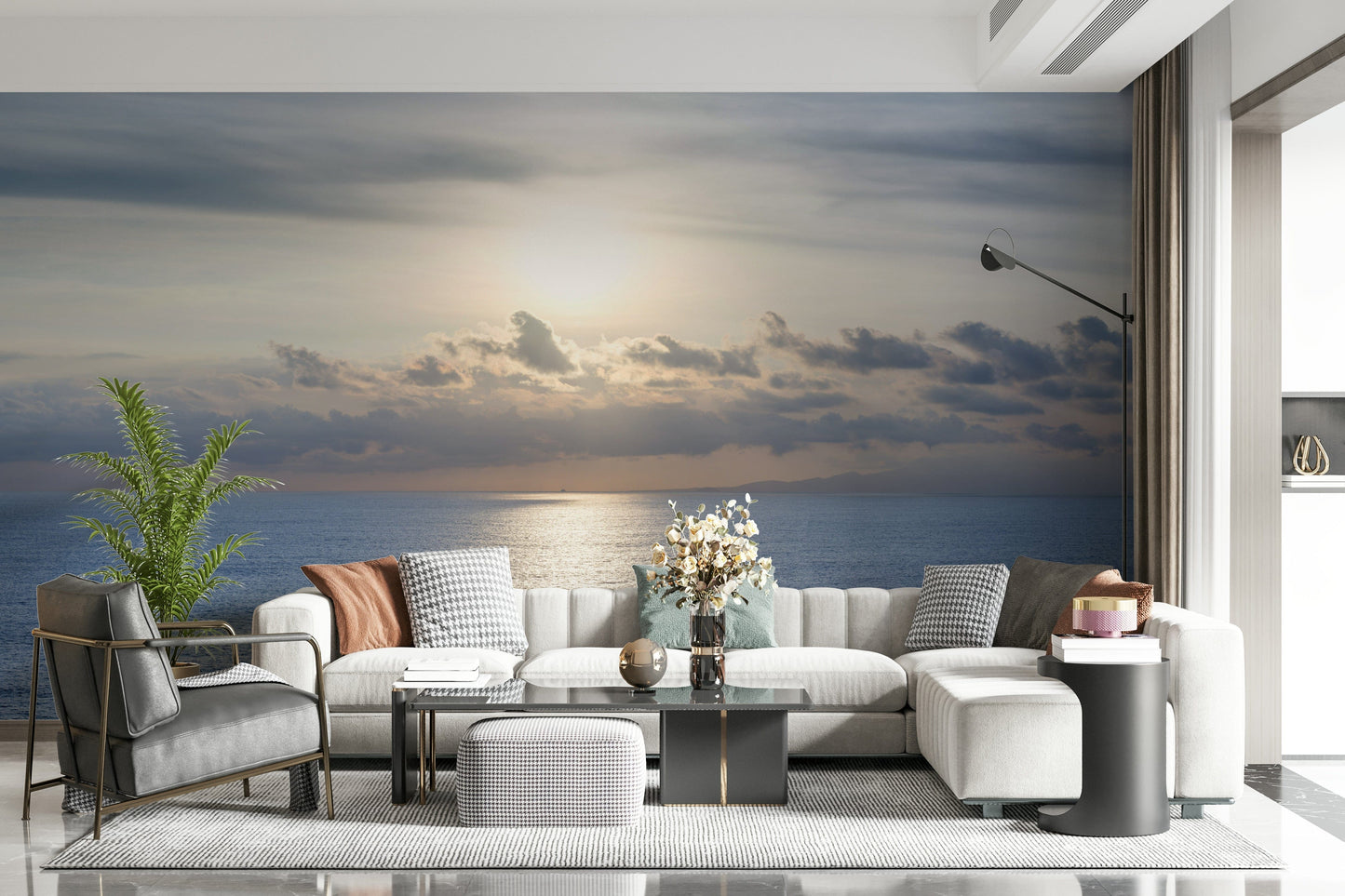 Staircase wall mural with glowing ocean scene, modern railing and warm color palette