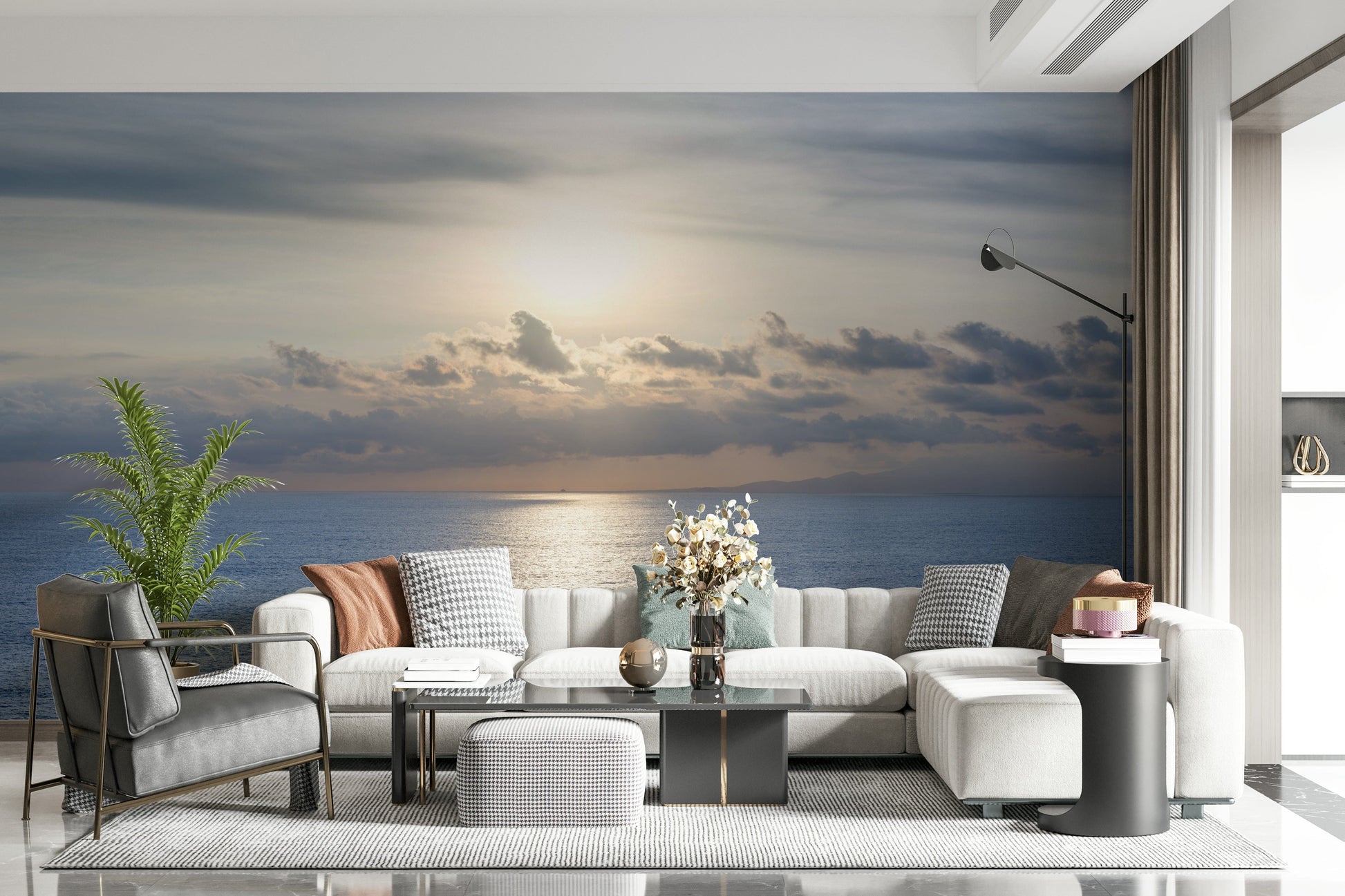 Staircase wall mural with glowing ocean scene, modern railing and warm color palette