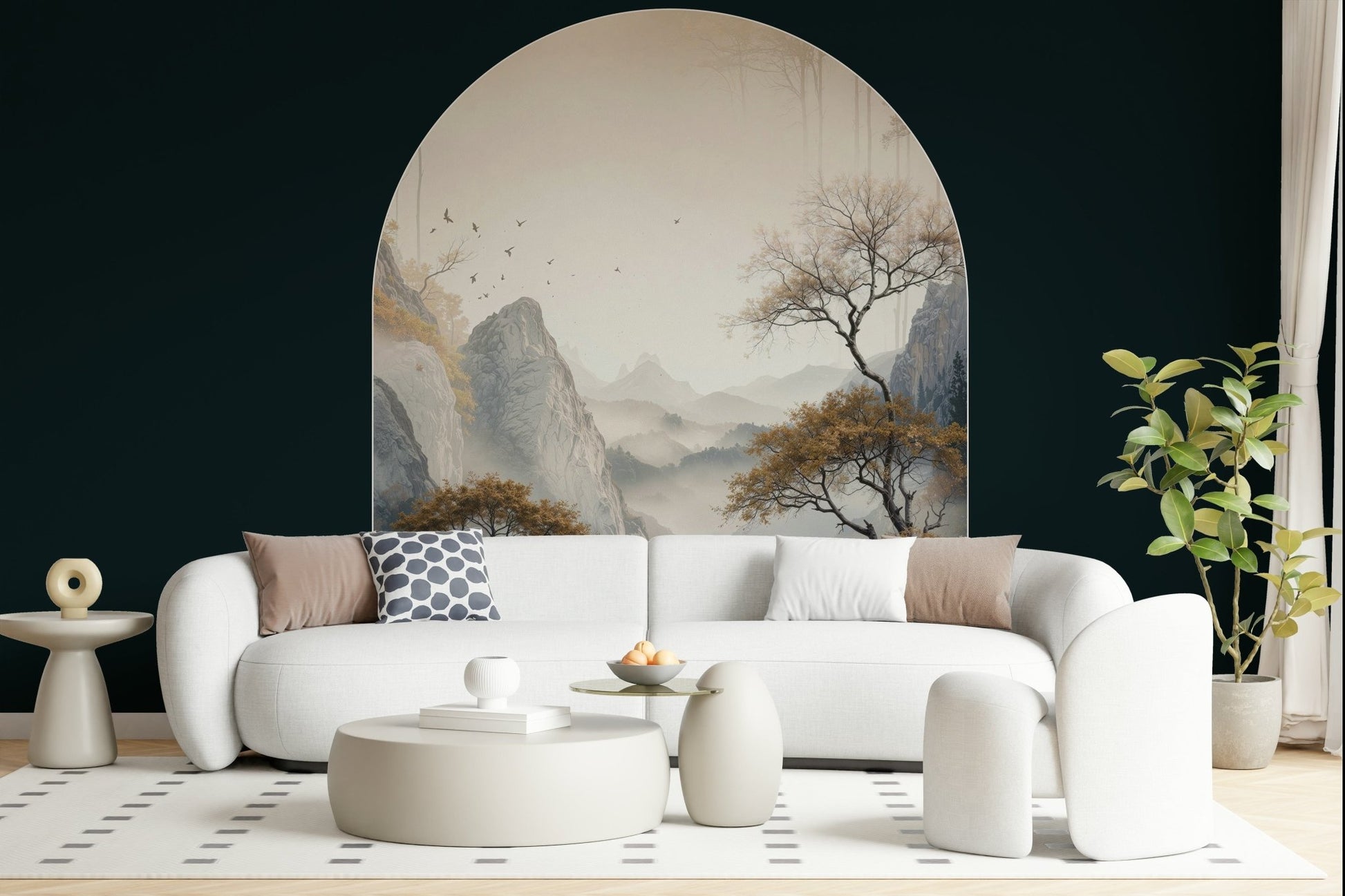 Golden Tree Archway wallpaper mural of a misty mountain valley with golden trees above a white sofa in a dark green living room